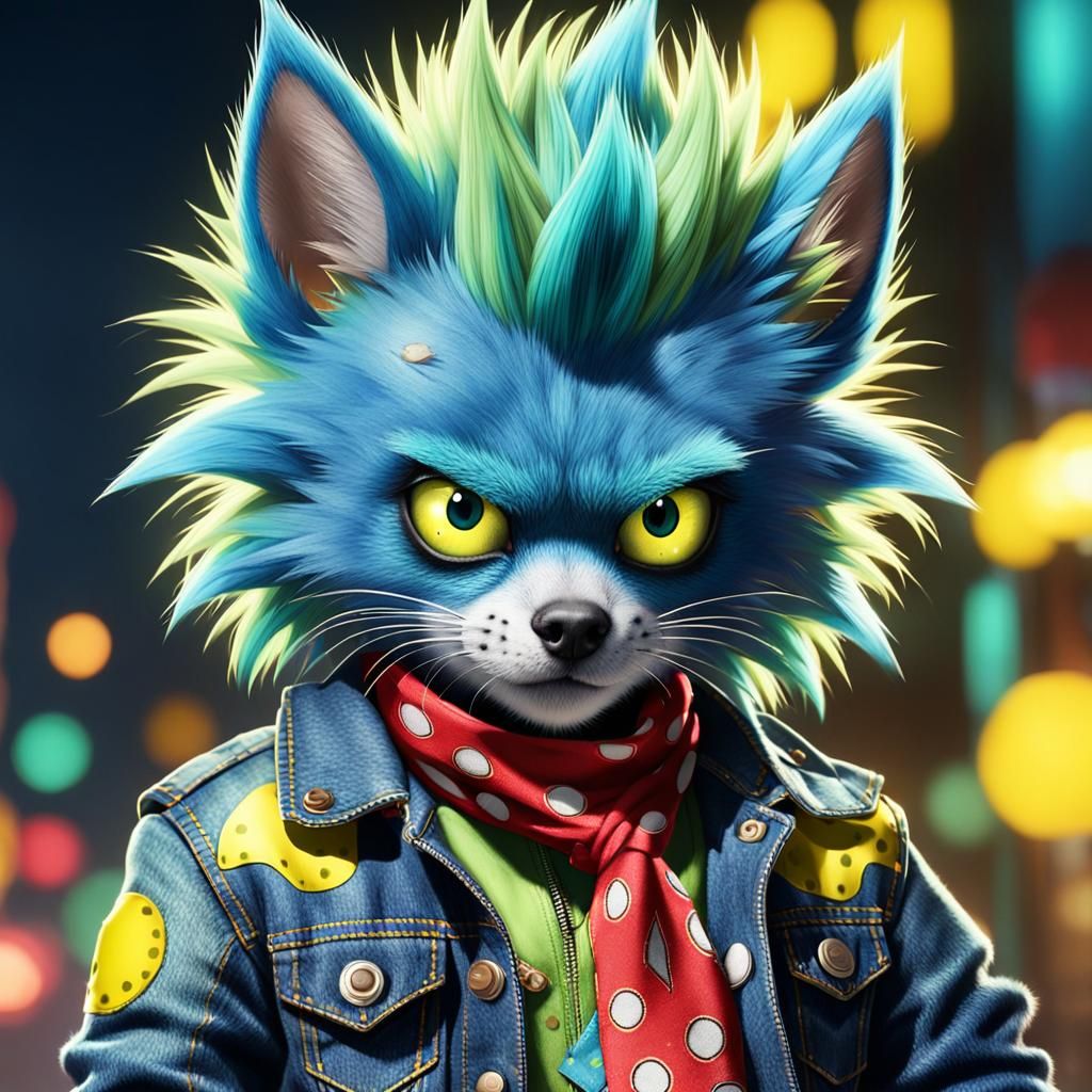 Blue Polka Dot Skateboarder Character Rides Neon Skateboard