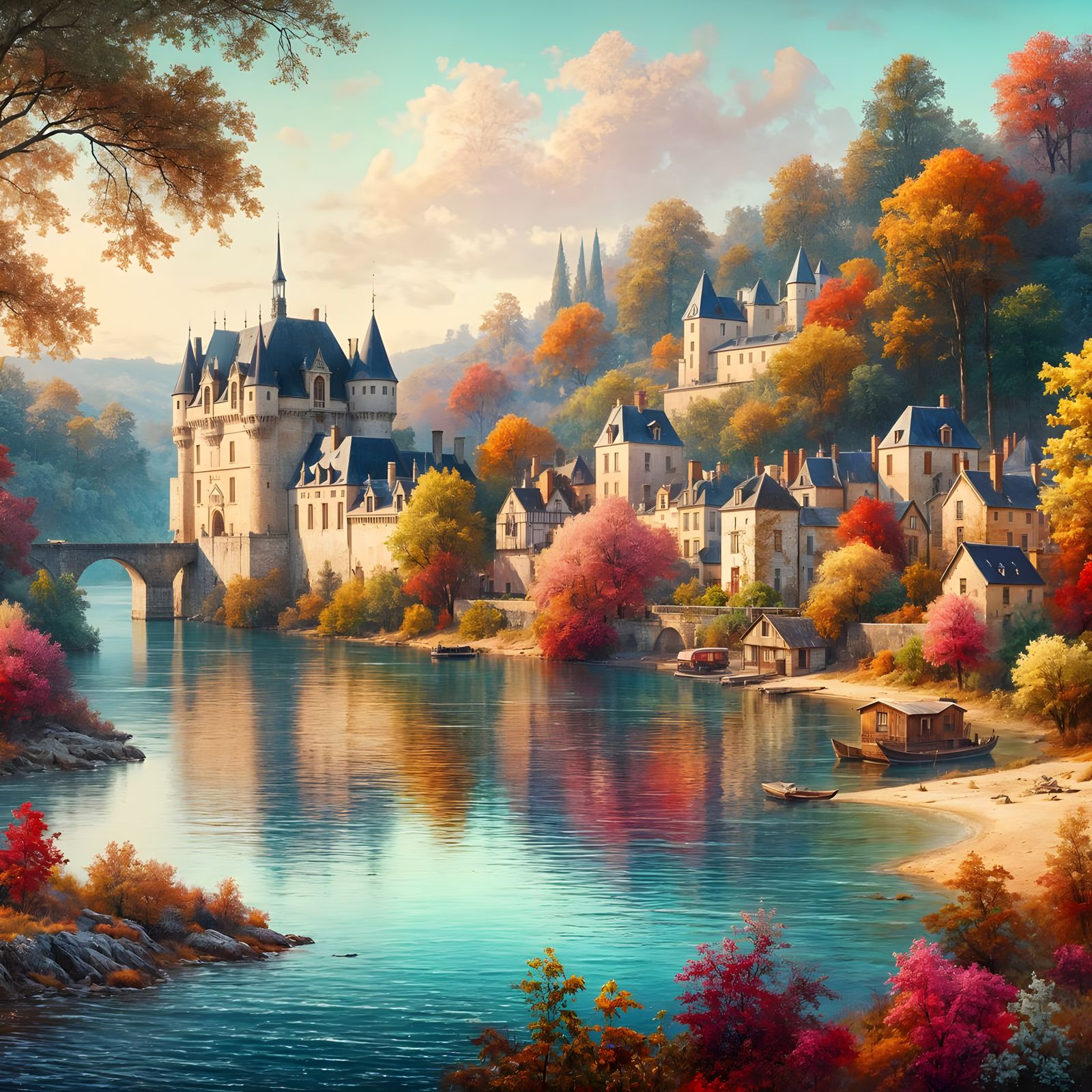 French Dordogne River in Autumn Colors, Matte Painting