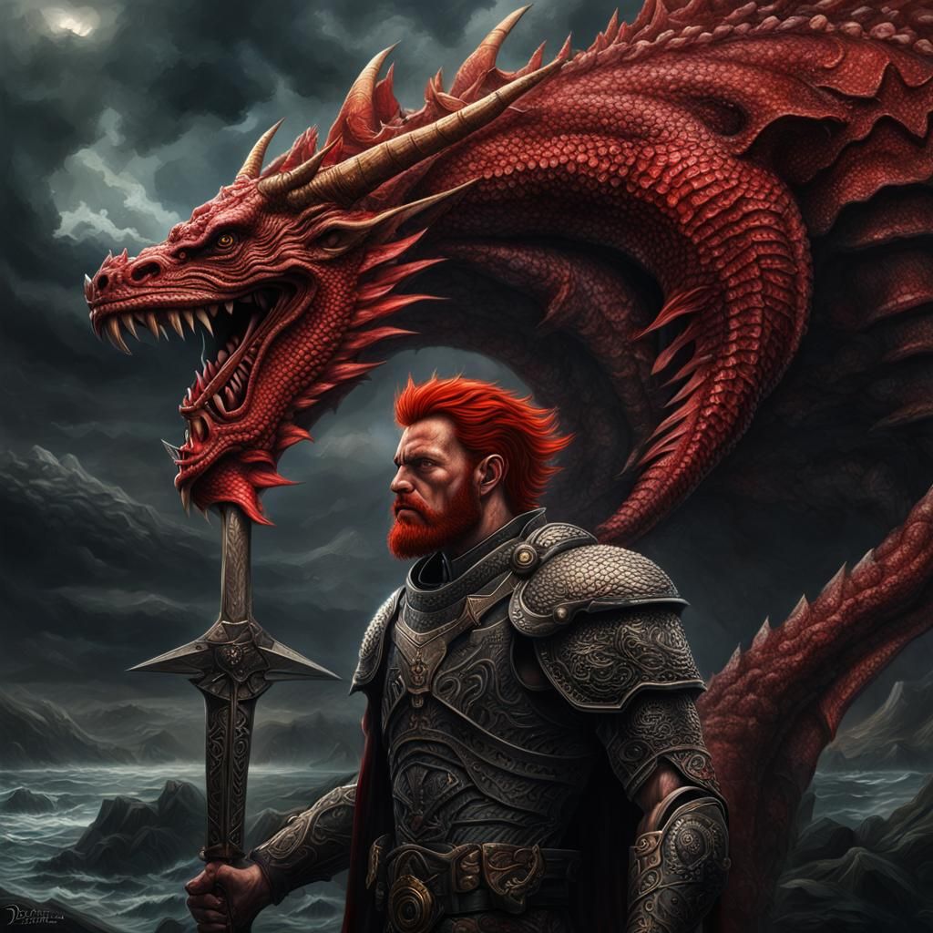 Hyperrealistic Red-Haired Demigod Warrior in Black Armor