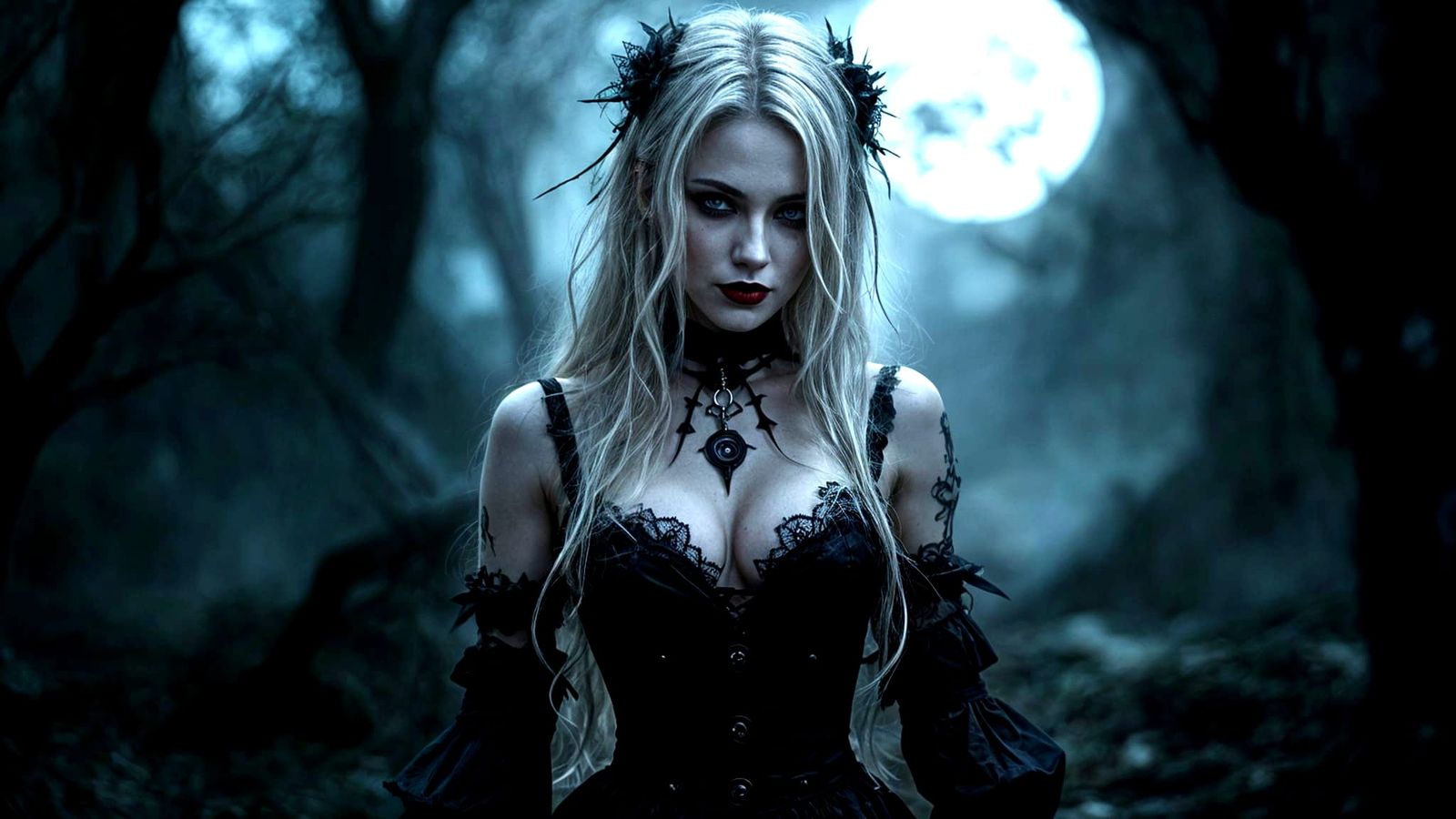 Gothic Woman in Moonlit Setting, Victorian-Inspired Art