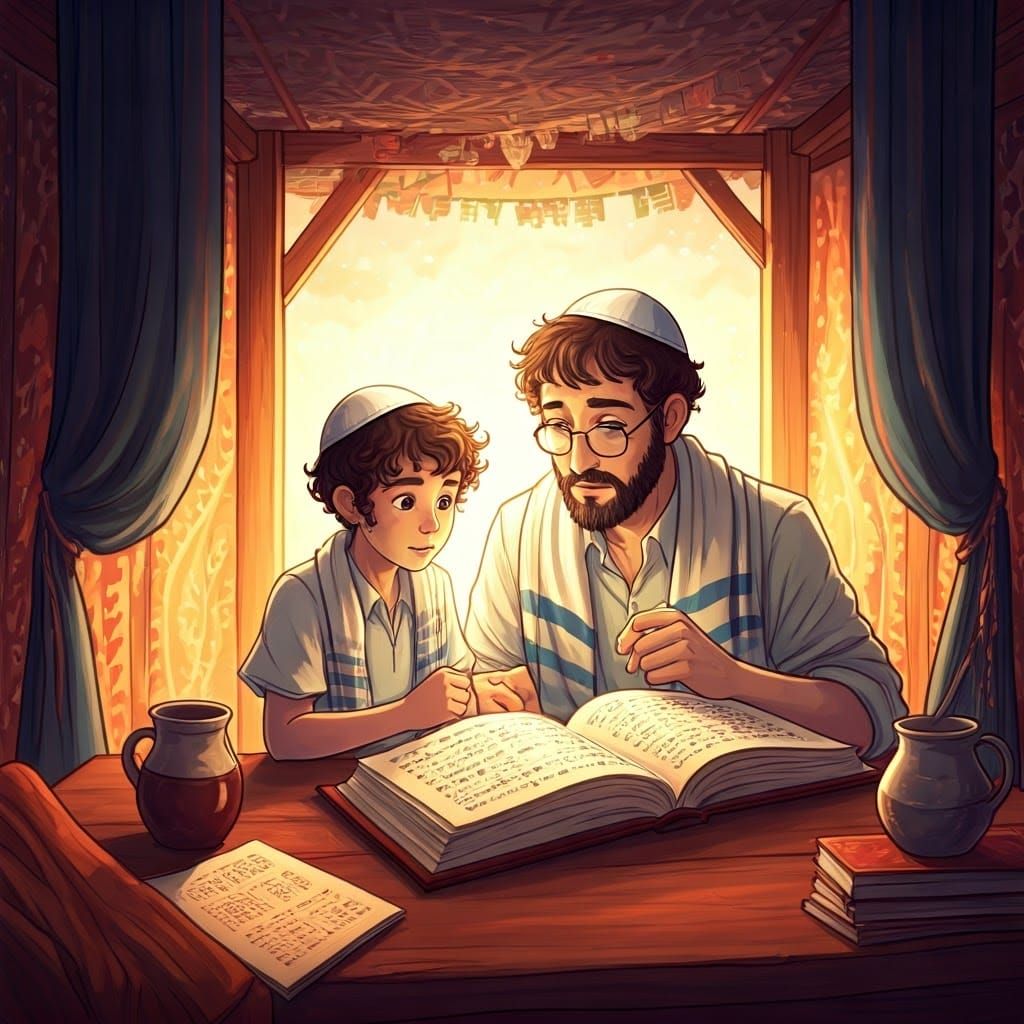 Boy Studies with Father in Sukkah, Anime Style