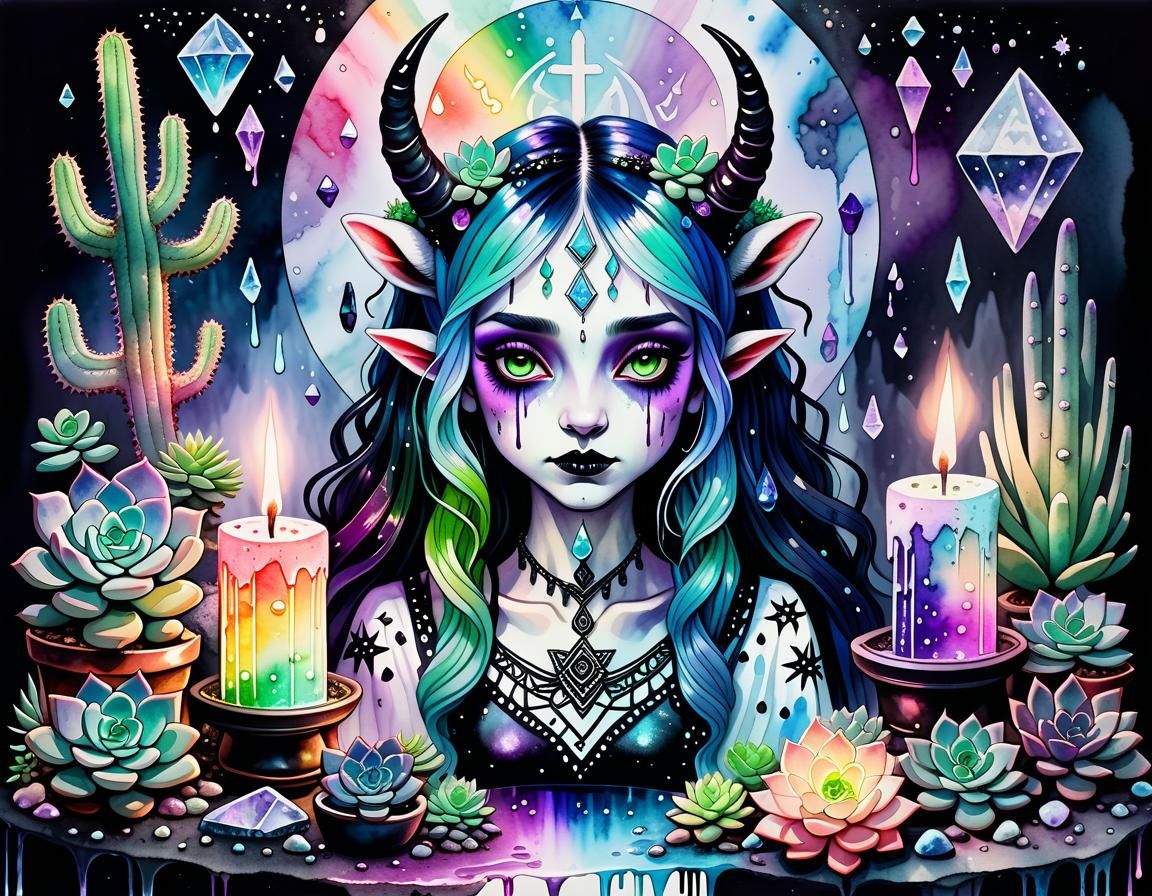 Pastel Goth Demoness with Crystals and Runes in Watercolour