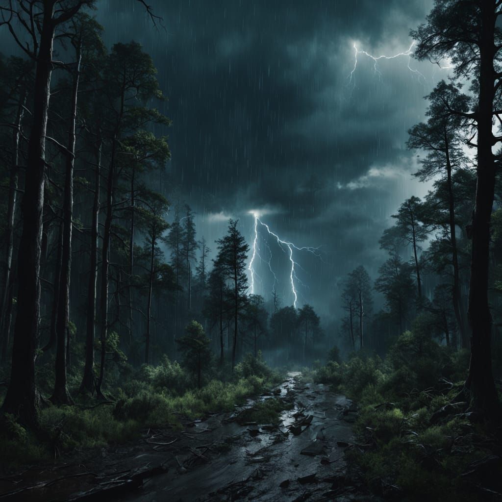 Epic Lightning Storm Over Dark Forest