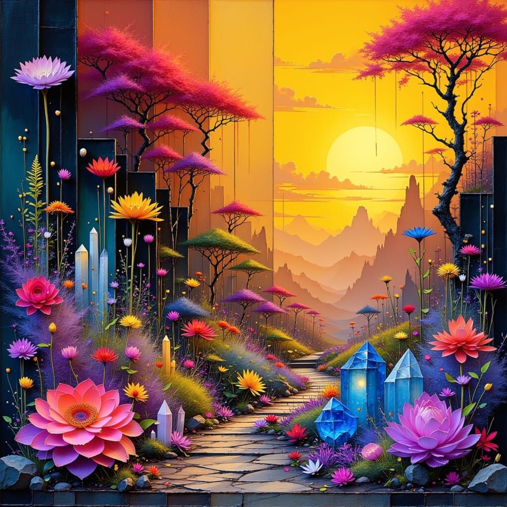 Tears on Celestial Plants with Crystals in Pop Art Style