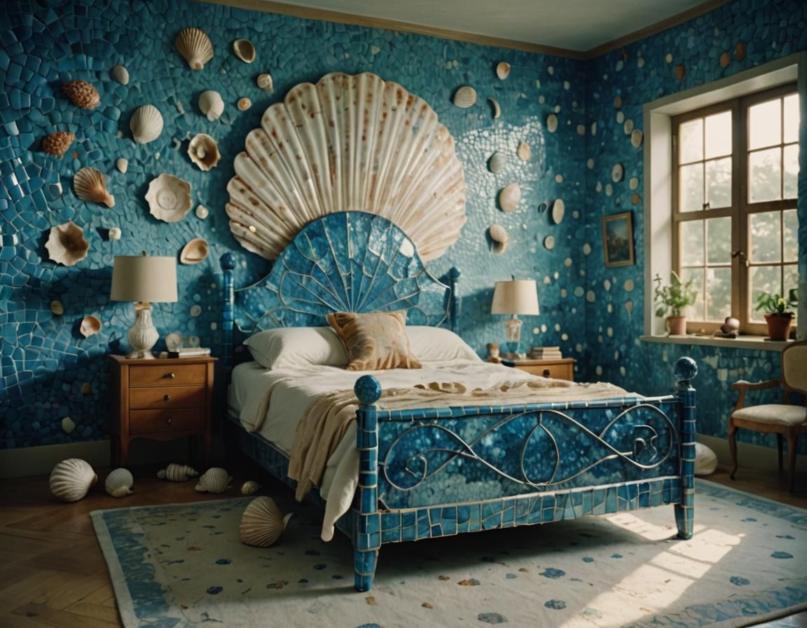 frutiger aero, italian whimsical bedroom, blue mosaic glass seashell bed frame
