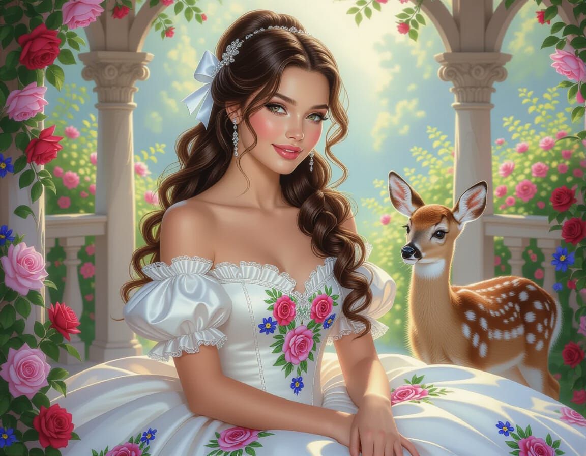 Elegant Woman in Floral Ball Gown with Hairpin