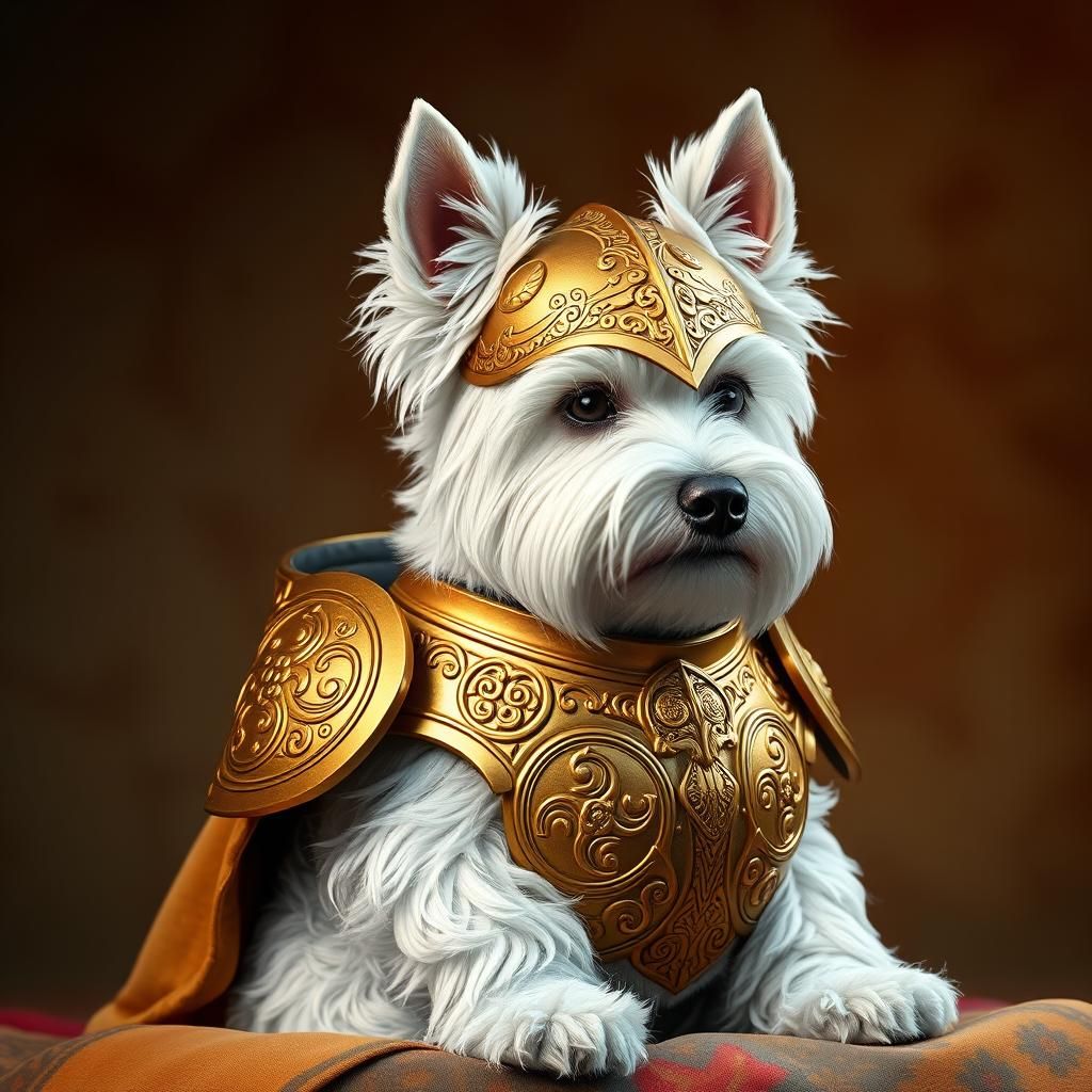 Westie in Golden Armor: Fantasy Concept Art