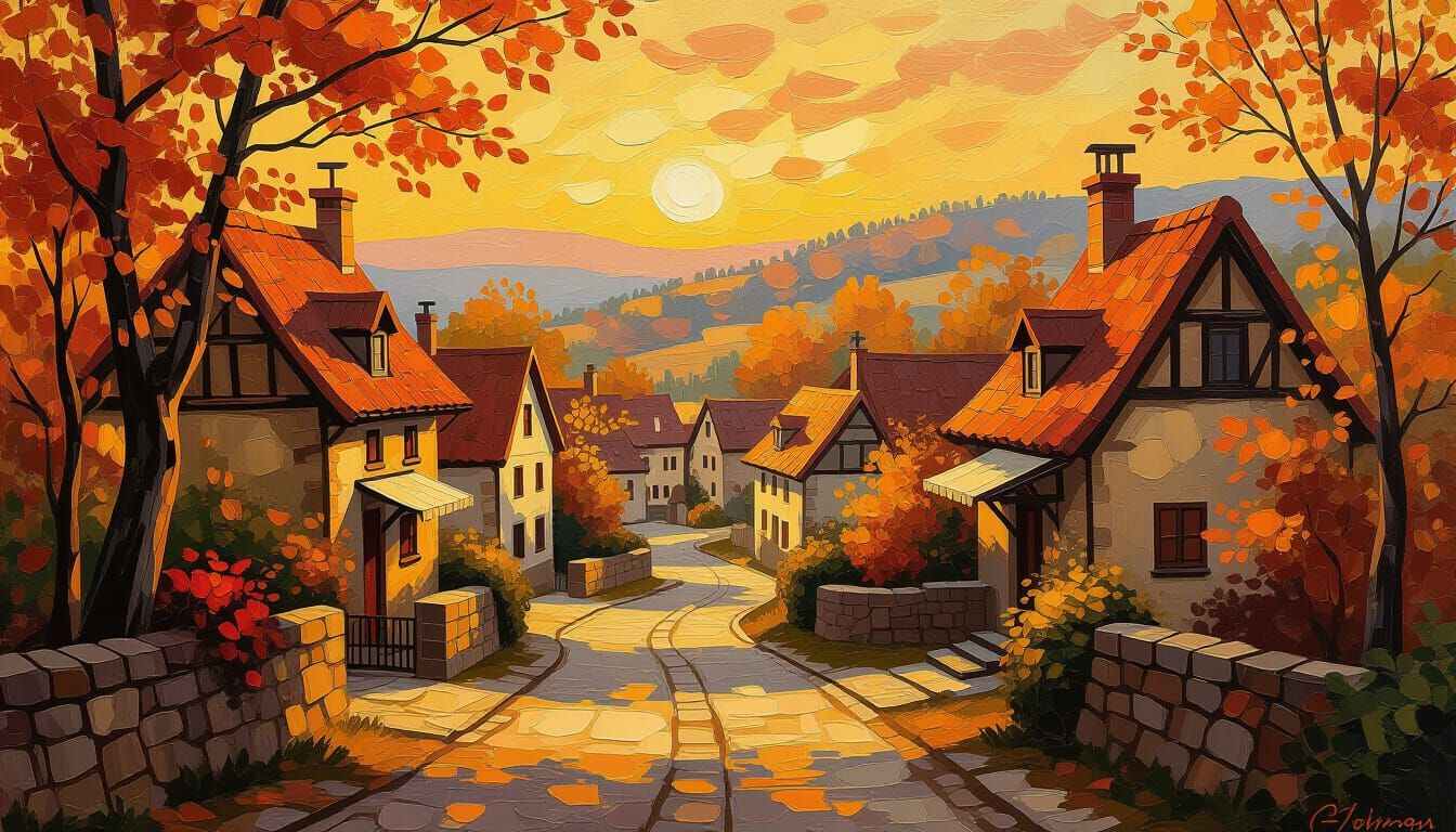Cozy Autumn Village Oil Painting with Impasto Texture