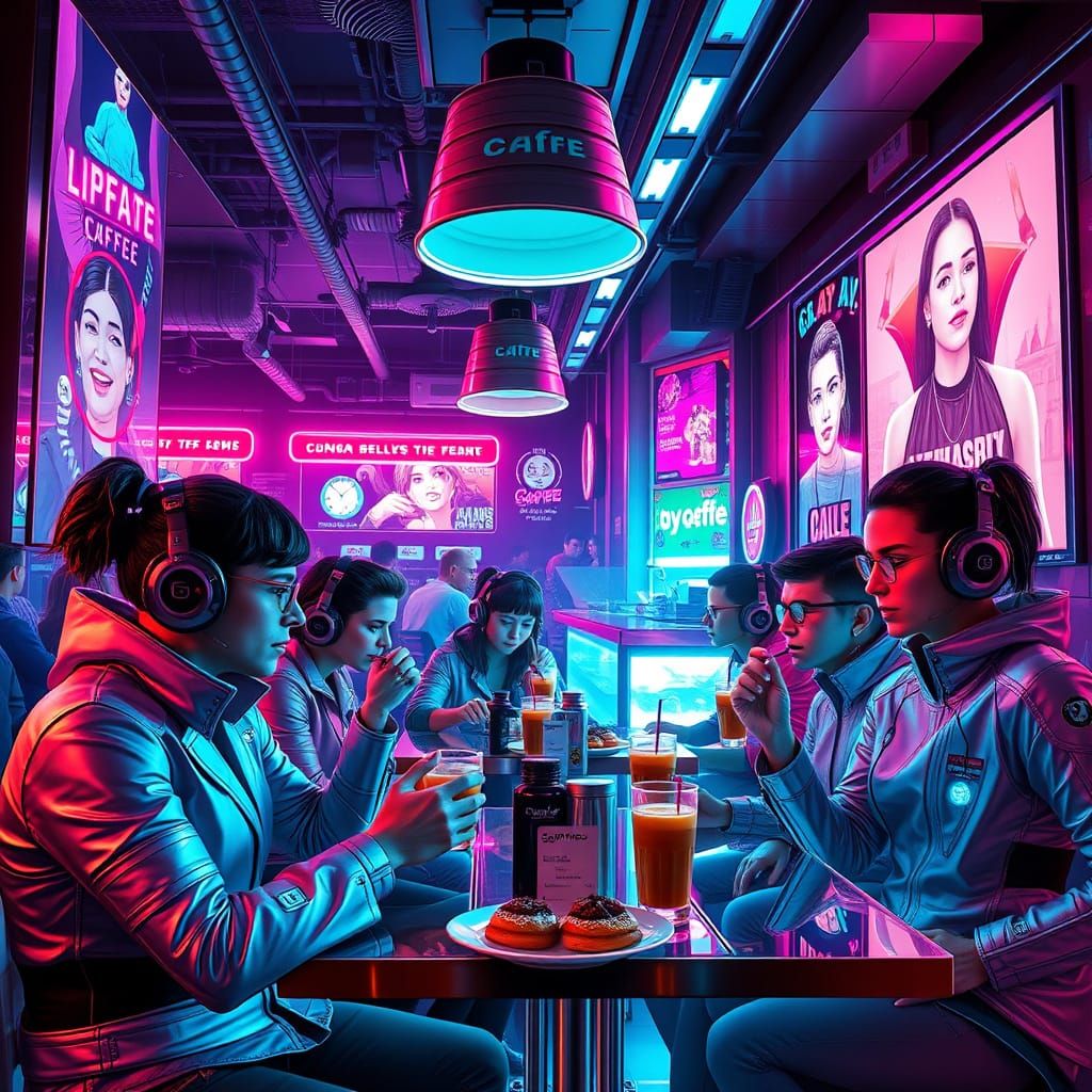 Cyberpunk LGBTQ Cafe with Neon Glow and Pastries