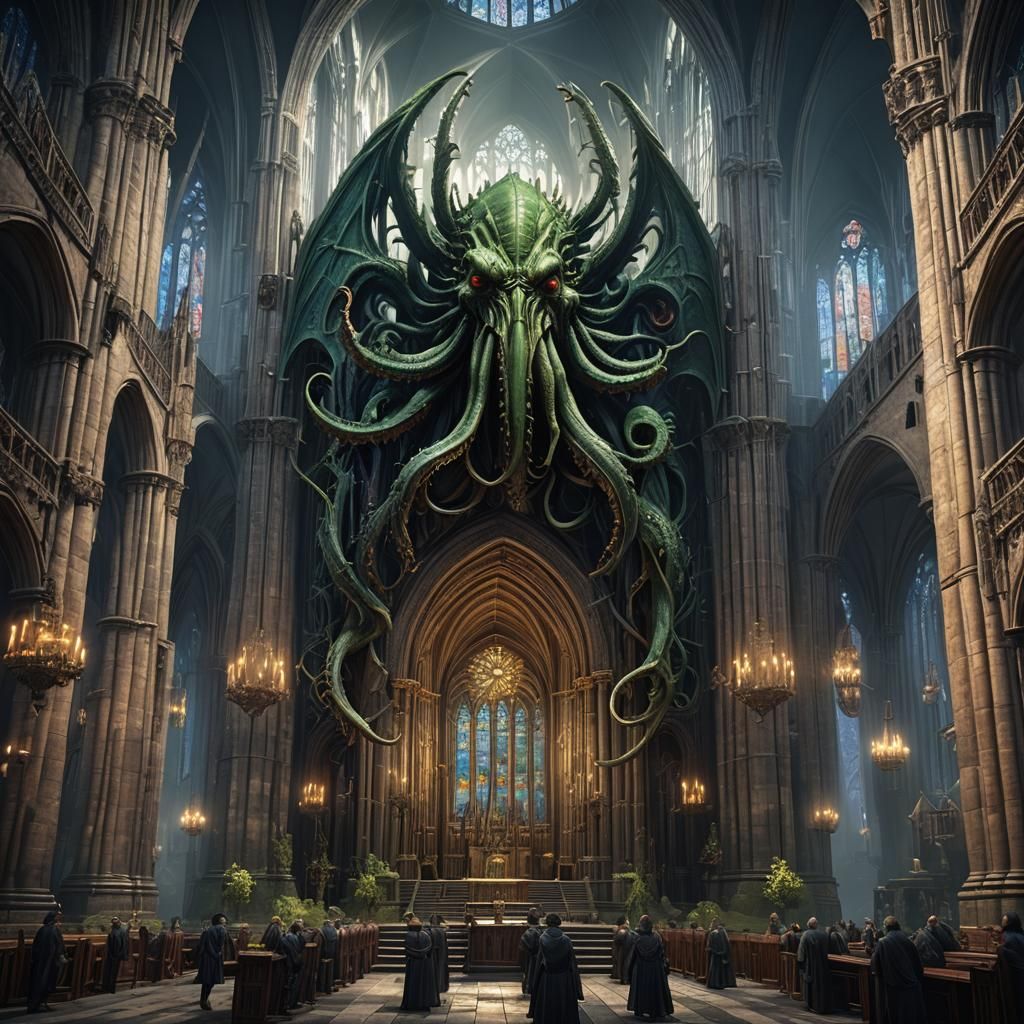 Cthulhu in Gothic Cathedral: Detailed Matte Painting