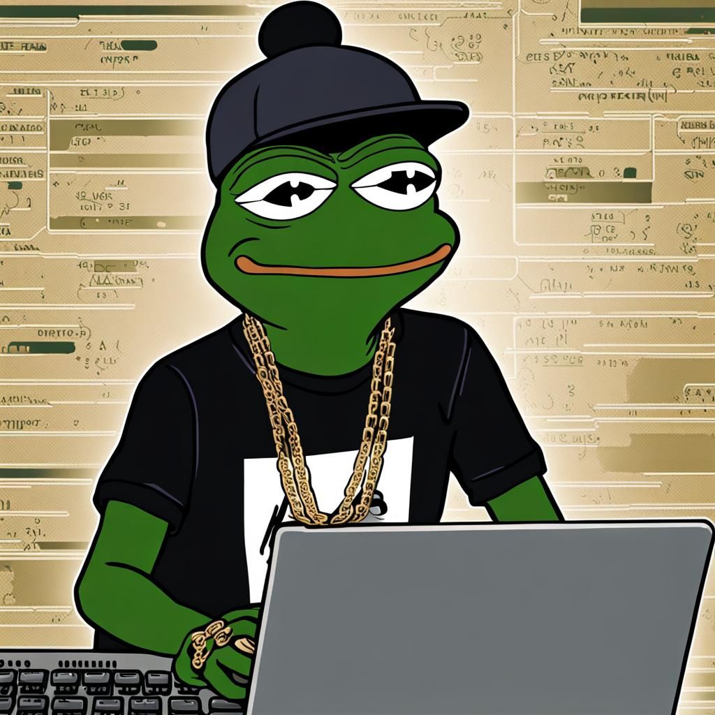 Make a meme of pepe the frog with computer code/ a programming language like PHP or SQL syntax a background/ behind him ...