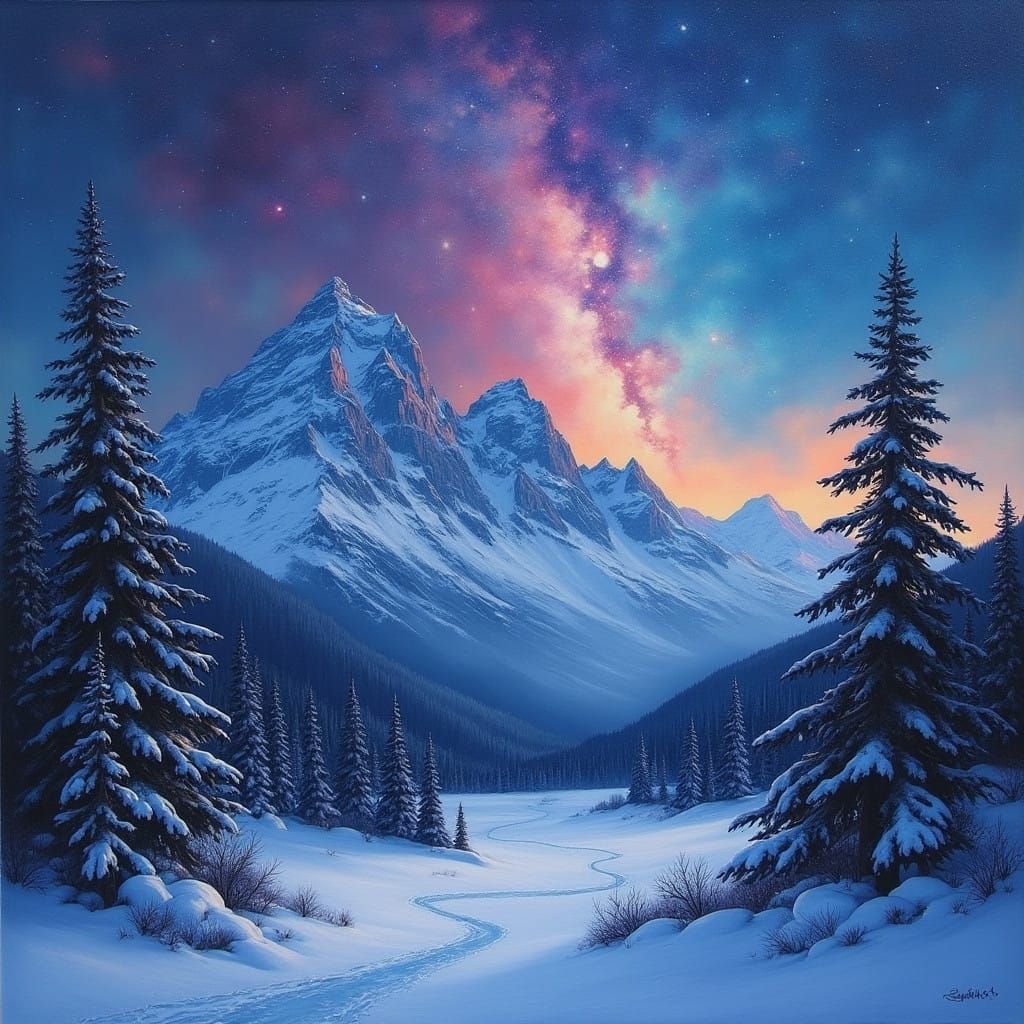 Winter Forest Amidst Cosmic Splendor, in Oil on Canvas Style
