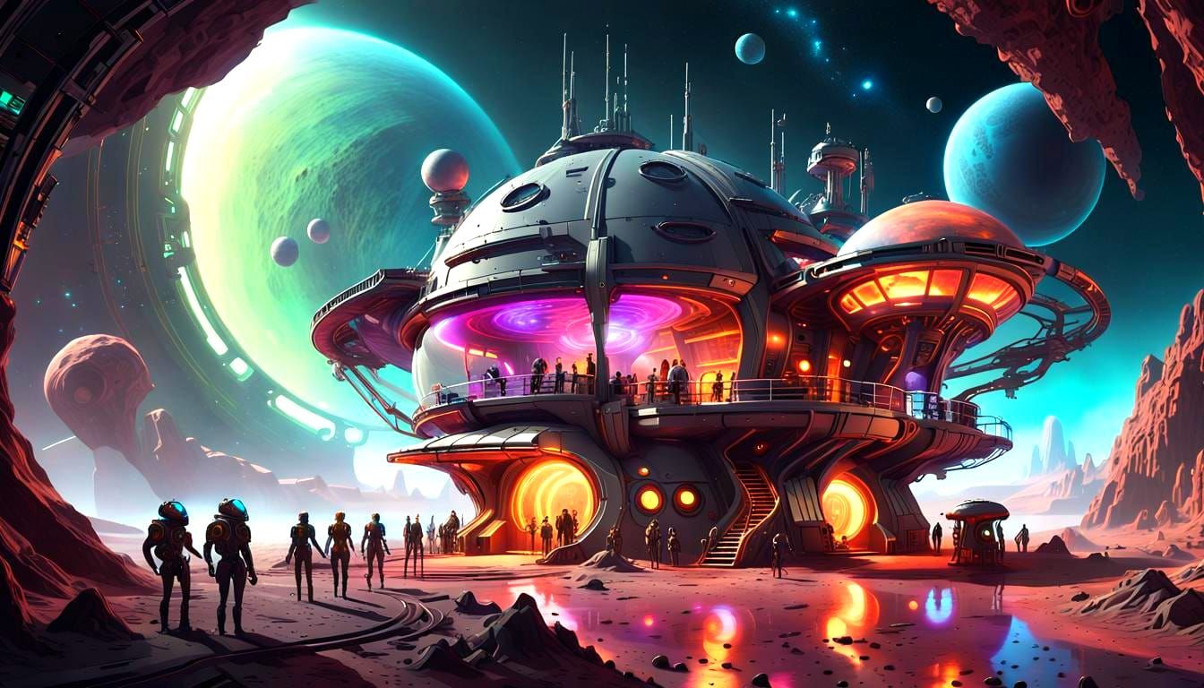 Steampunk Space Cantina on Asteroid in Deep Space