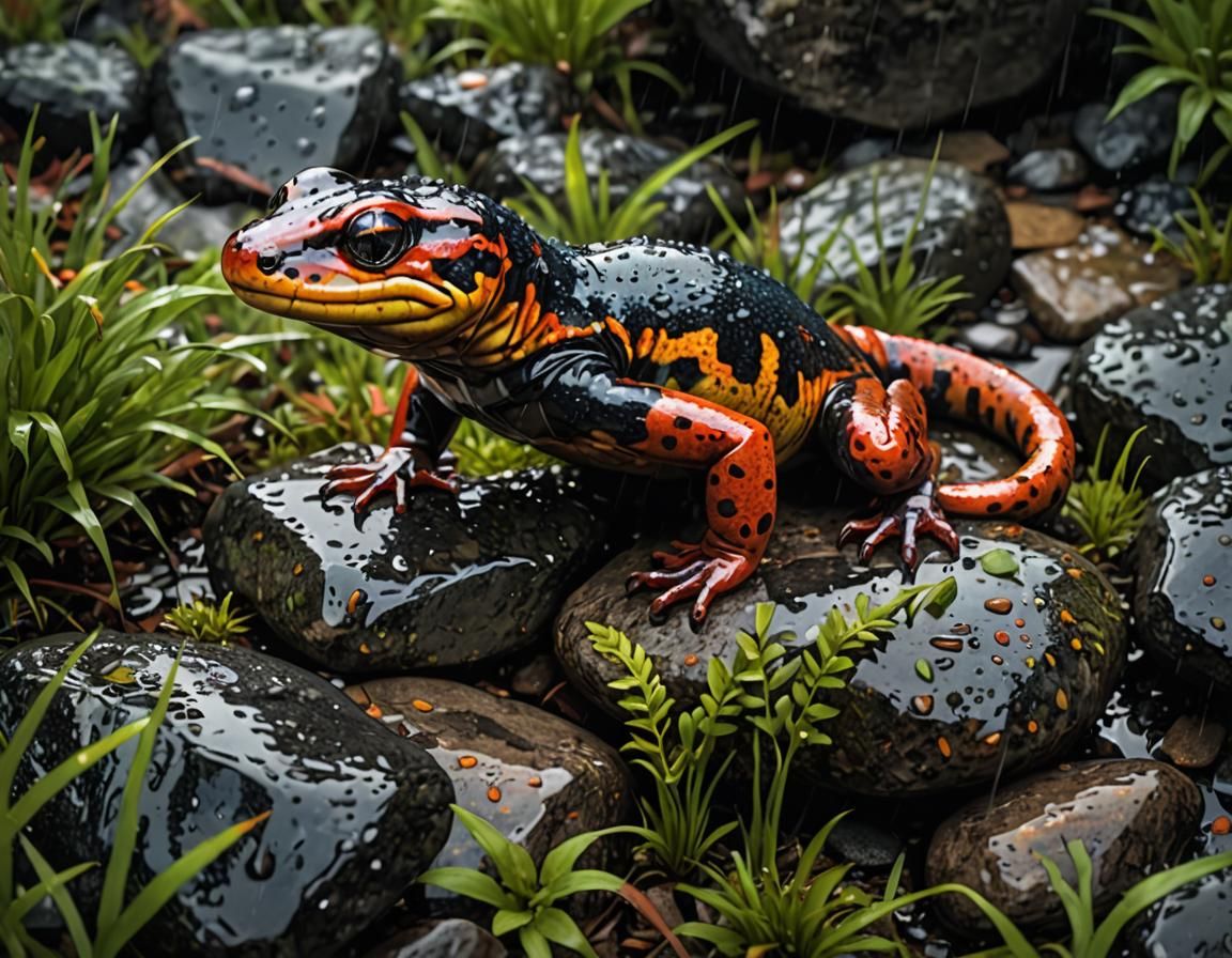Colorful Salamander on Rain-soaked Rocks: Hyperrealistic Ill...