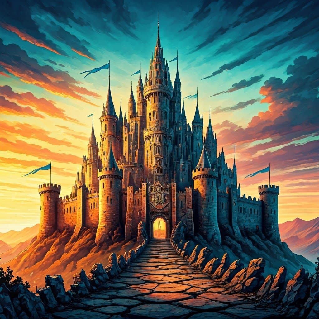 Epic Castle Amidst Vibrant Sunset, European Renaissance Stea...