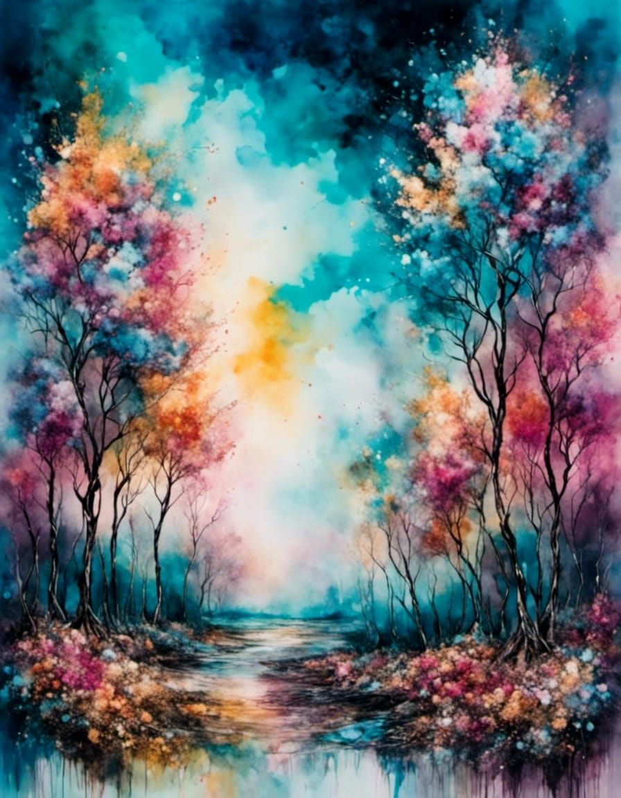 Abstract Landscape with Flowers in Splash Art Style