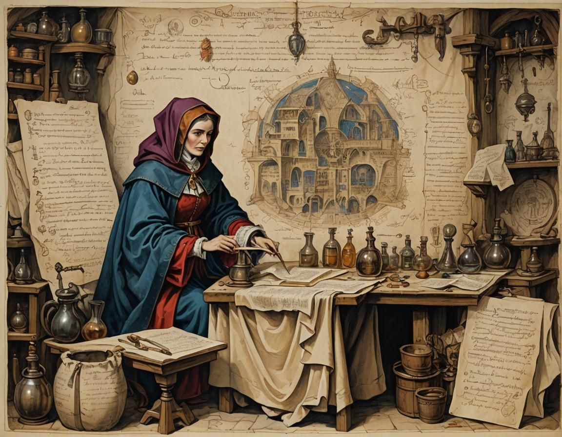 Alchemist Constructing a Potion, Vintage Oil Painting Style