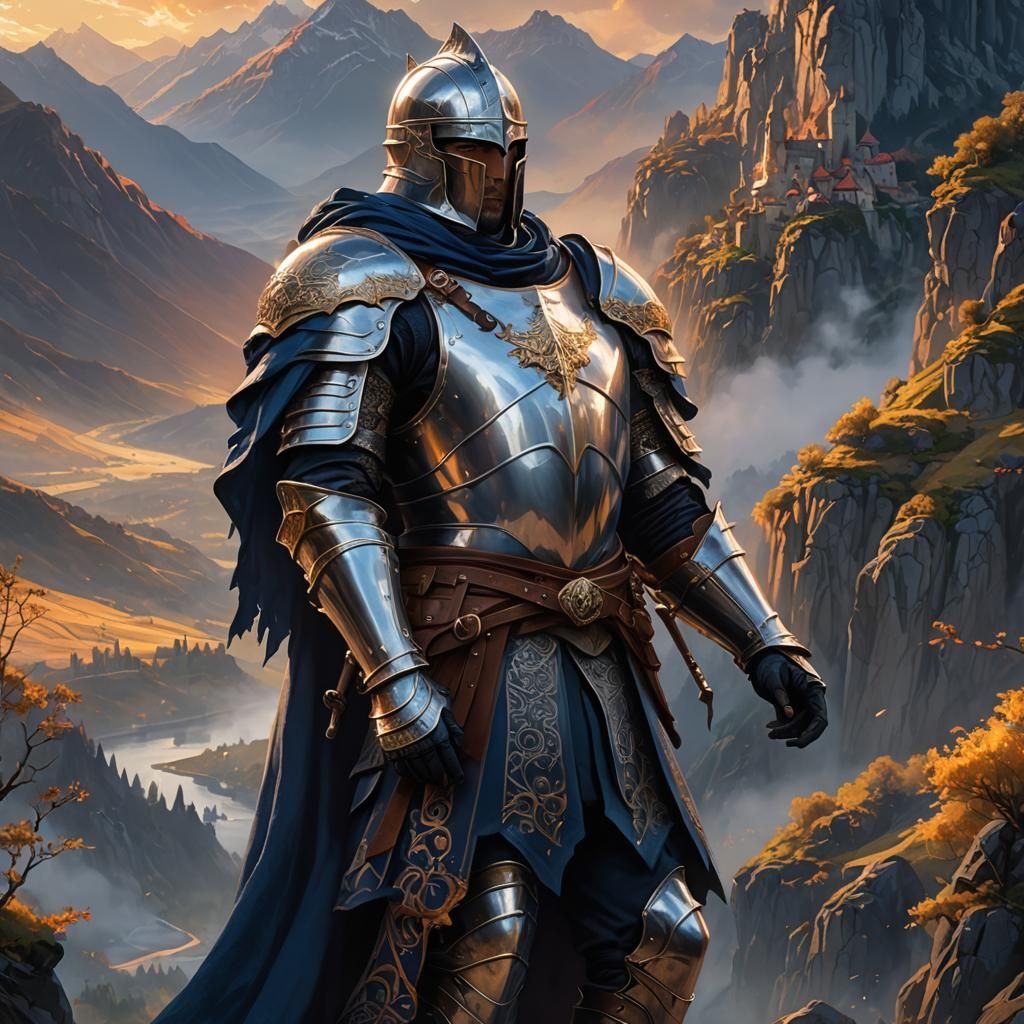 Victorious Knight in Silver Armor, Oil Painting