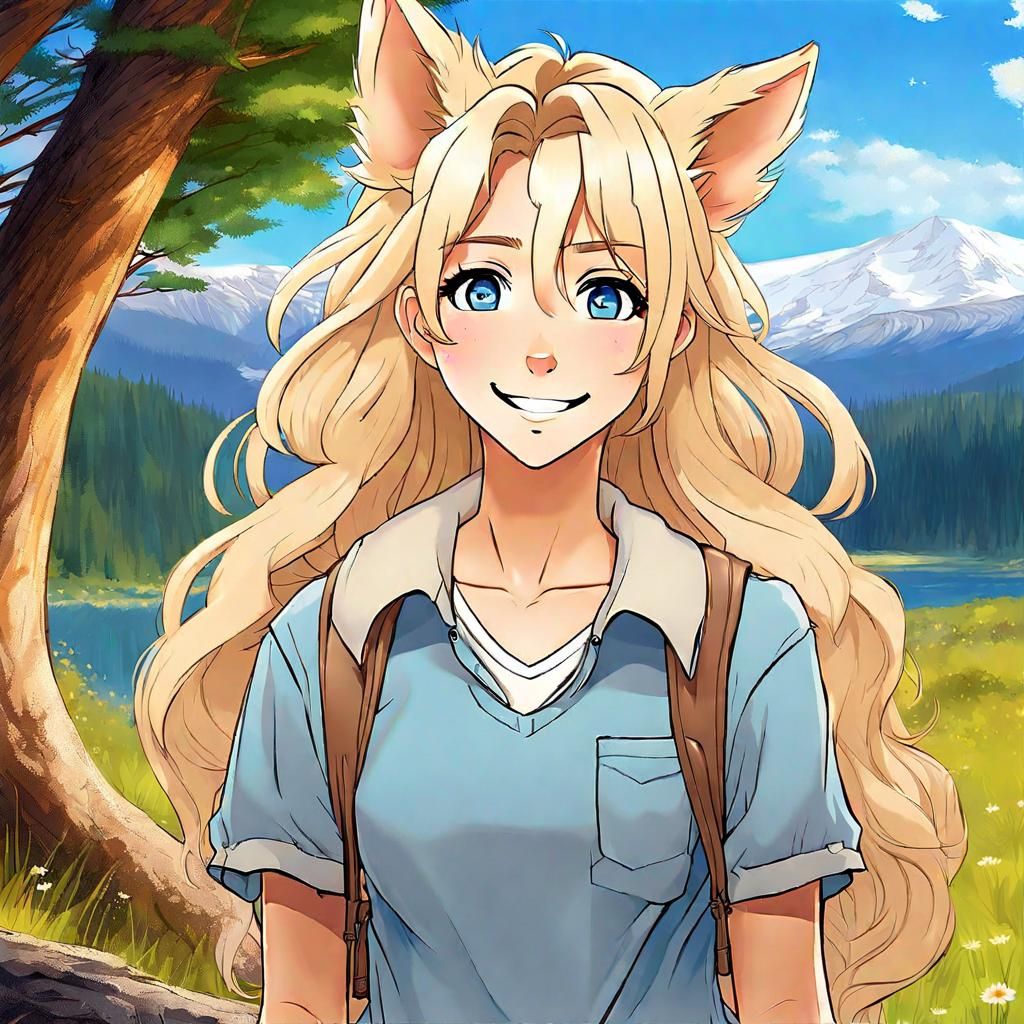 Anime Woman with Dog Ears on Camping Trip