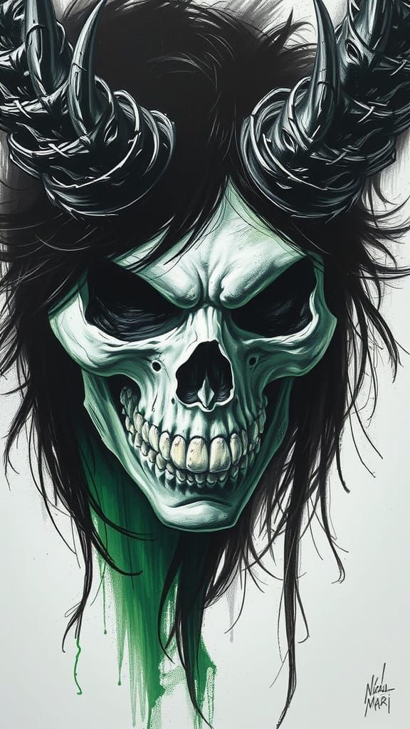 Demon Woman With Skull Bone Venom Hiss in Green Charcoal Sty...