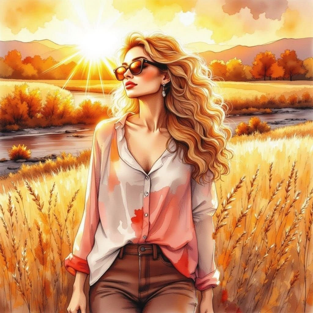 Golden Autumn Sunset Over River Field