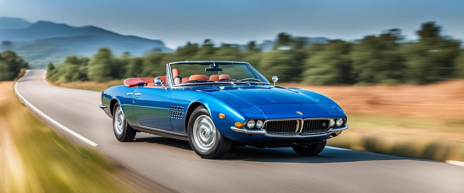 Blue 70s Maserati Ghibli Convertible at High Speed