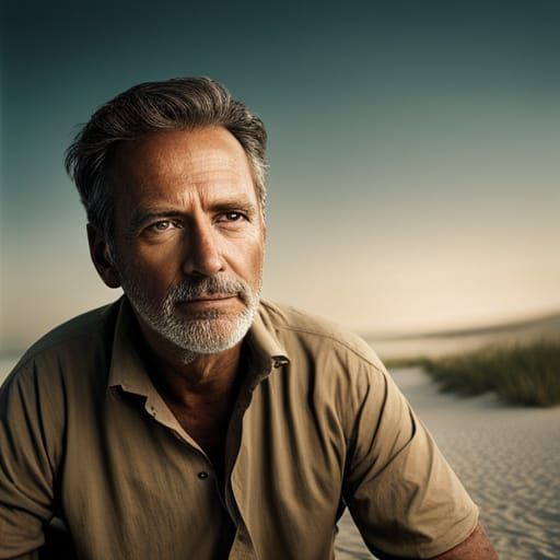 Middle-Aged Man on Desolate Beach, Professional Portrait