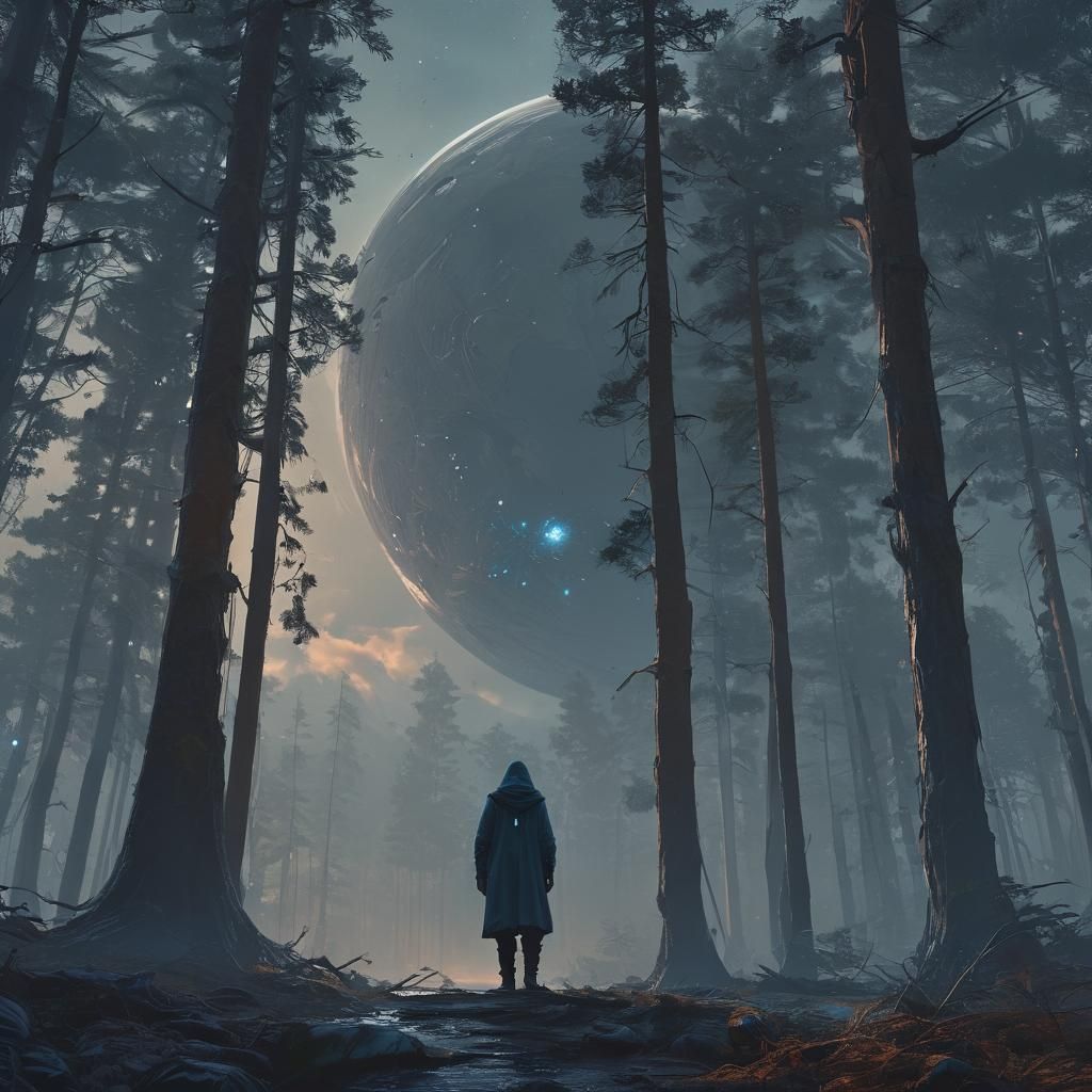 Ethereal Hooded Figure Gazing at Blue Planet