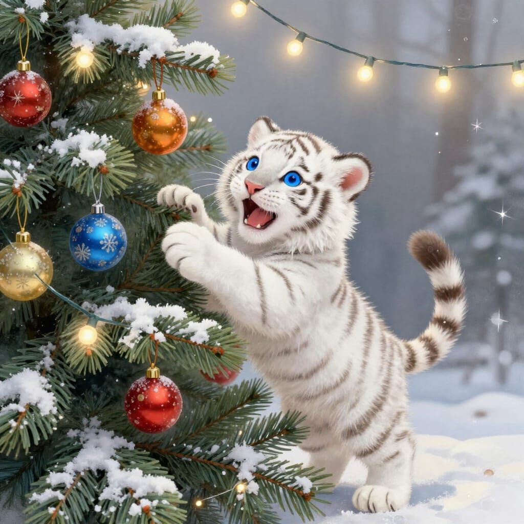 Fluffy Tiger Cub Decorates Christmas Tree
