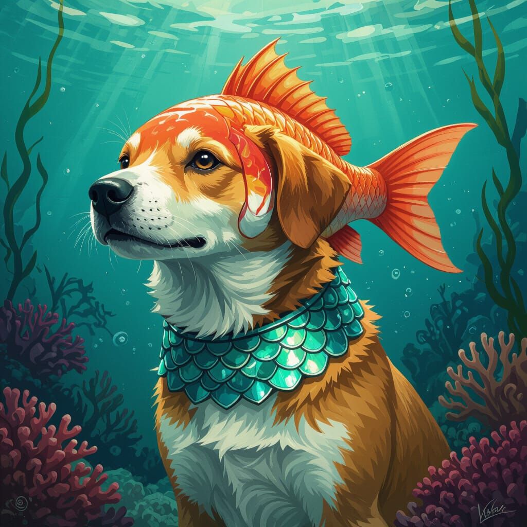 Dog-Fish Hybrid in Dreamlike Underwater Scene