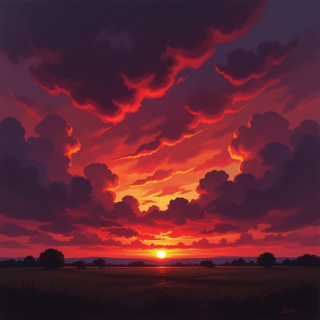 Turbulent Sunset Storm Clouds in Dramatic Oil Painting Style