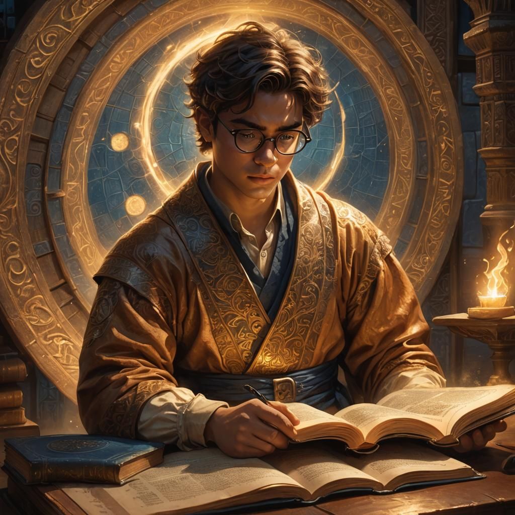 Student Studies Glowing Fantasy Textbook in Digital Art