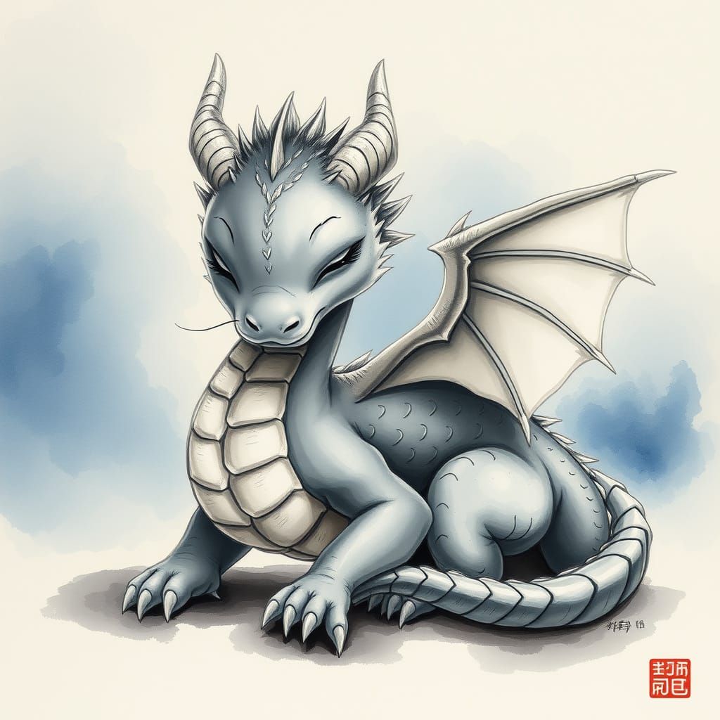 Cute Gray Dragon in Chinese Ink Wash Style