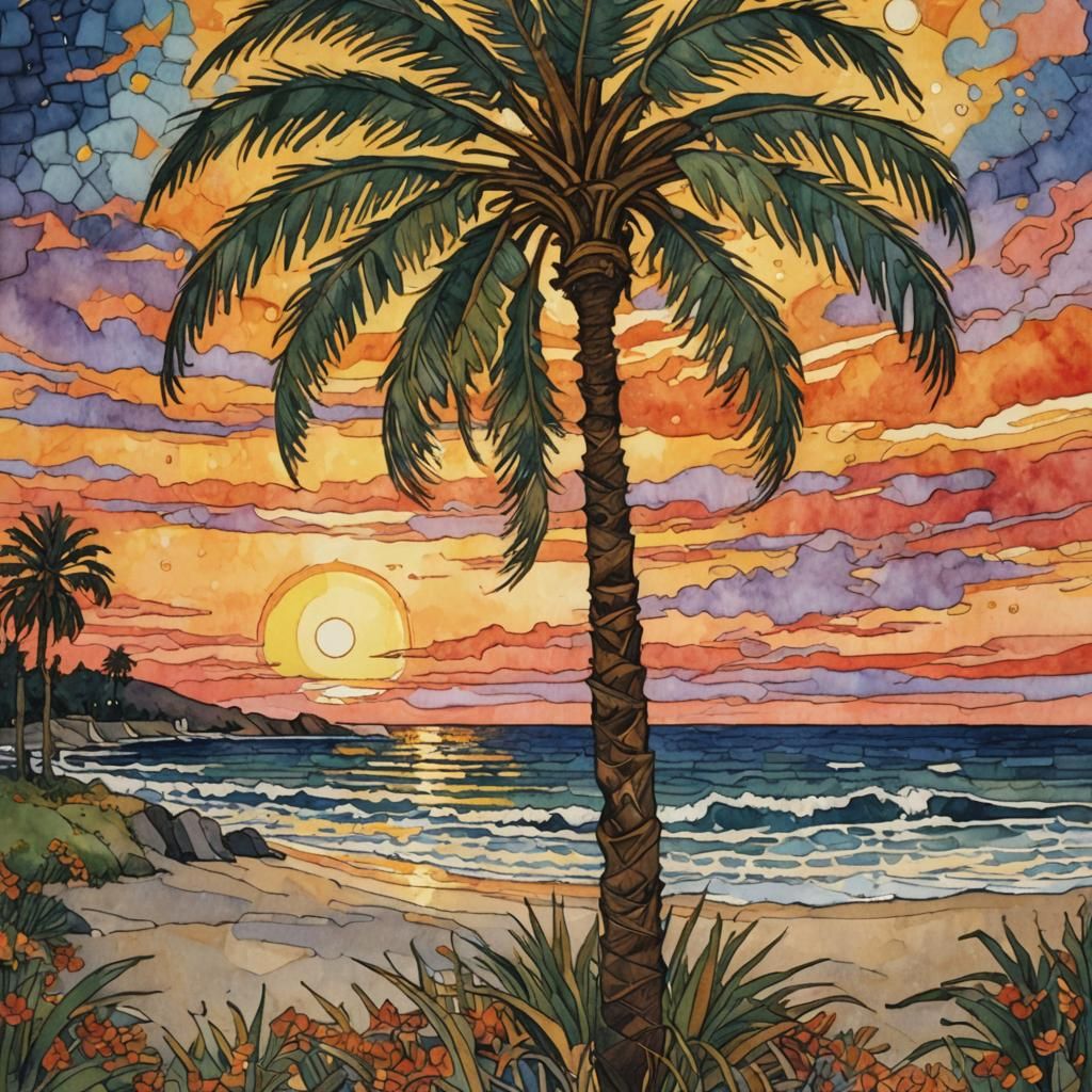 Art Nouveau Palm Tree Sunset in Klimt-Gorey Style