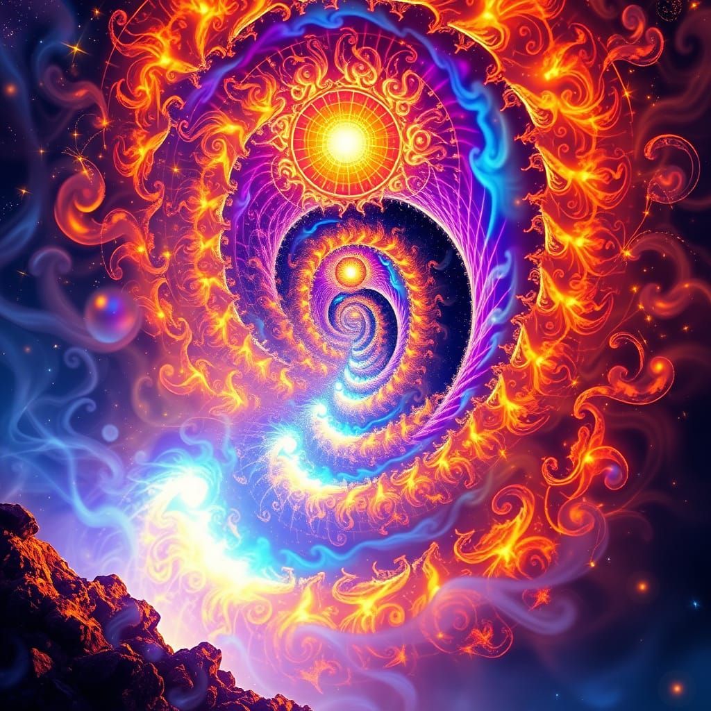 Surreal Energy Spiral Radiates Golden Light and Ethereal Mis...