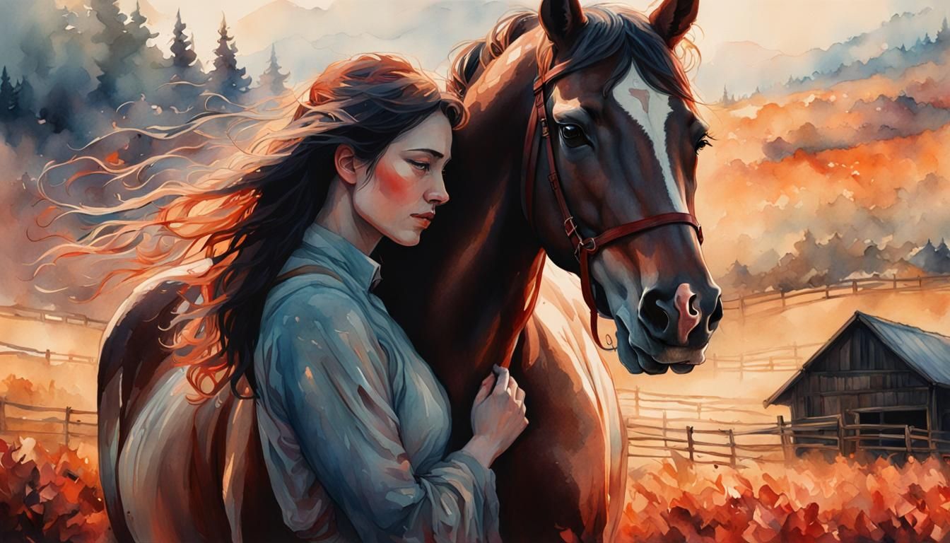 Emotional Woman and Horse Watercolor Portrait