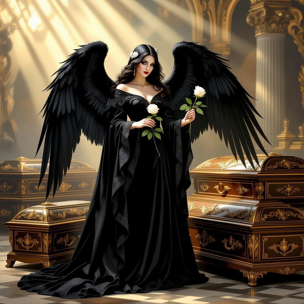 Angel of Death Advertises Ornate Coffins in Baroque Style