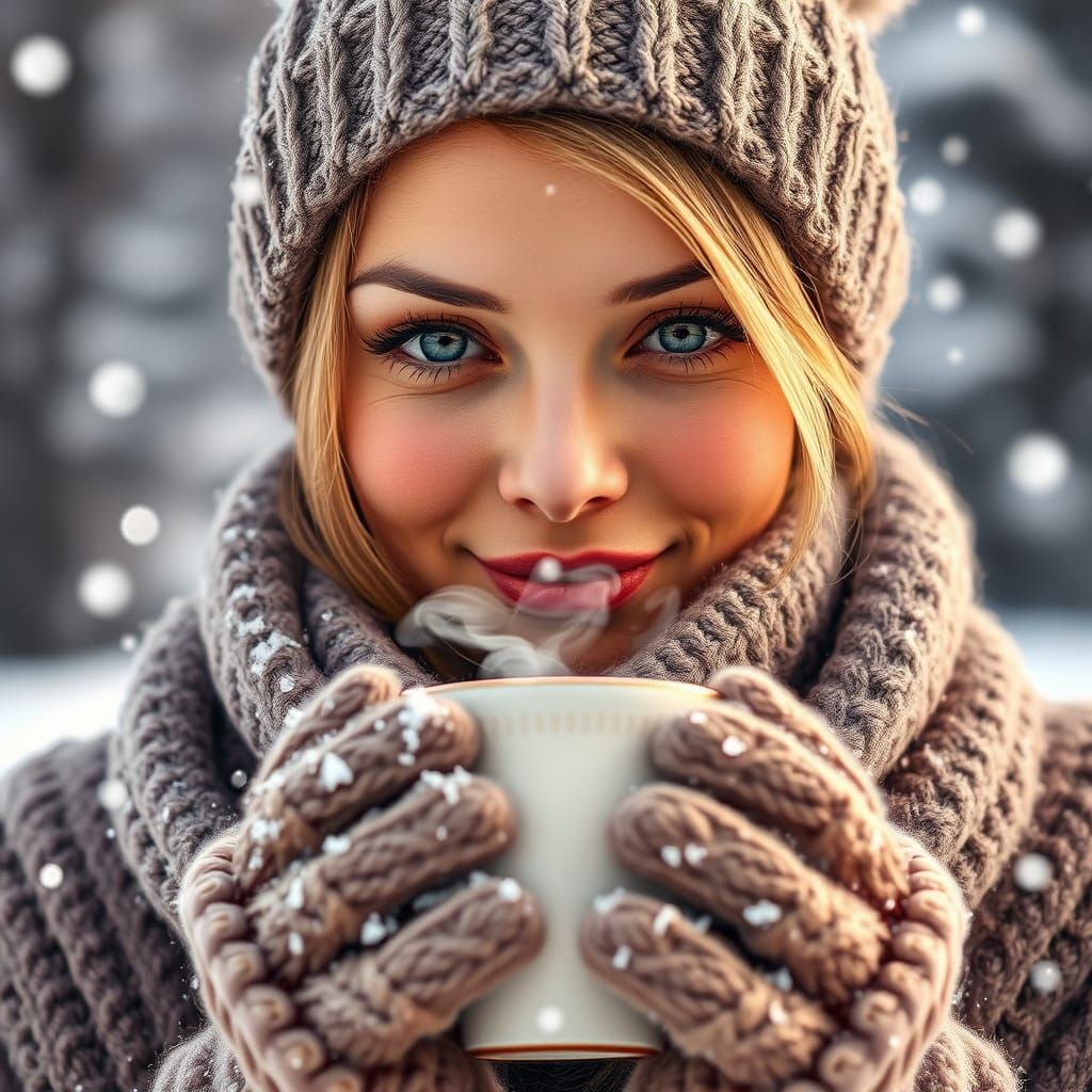 Cozy Winter Portrait of Woman with Hot Drink