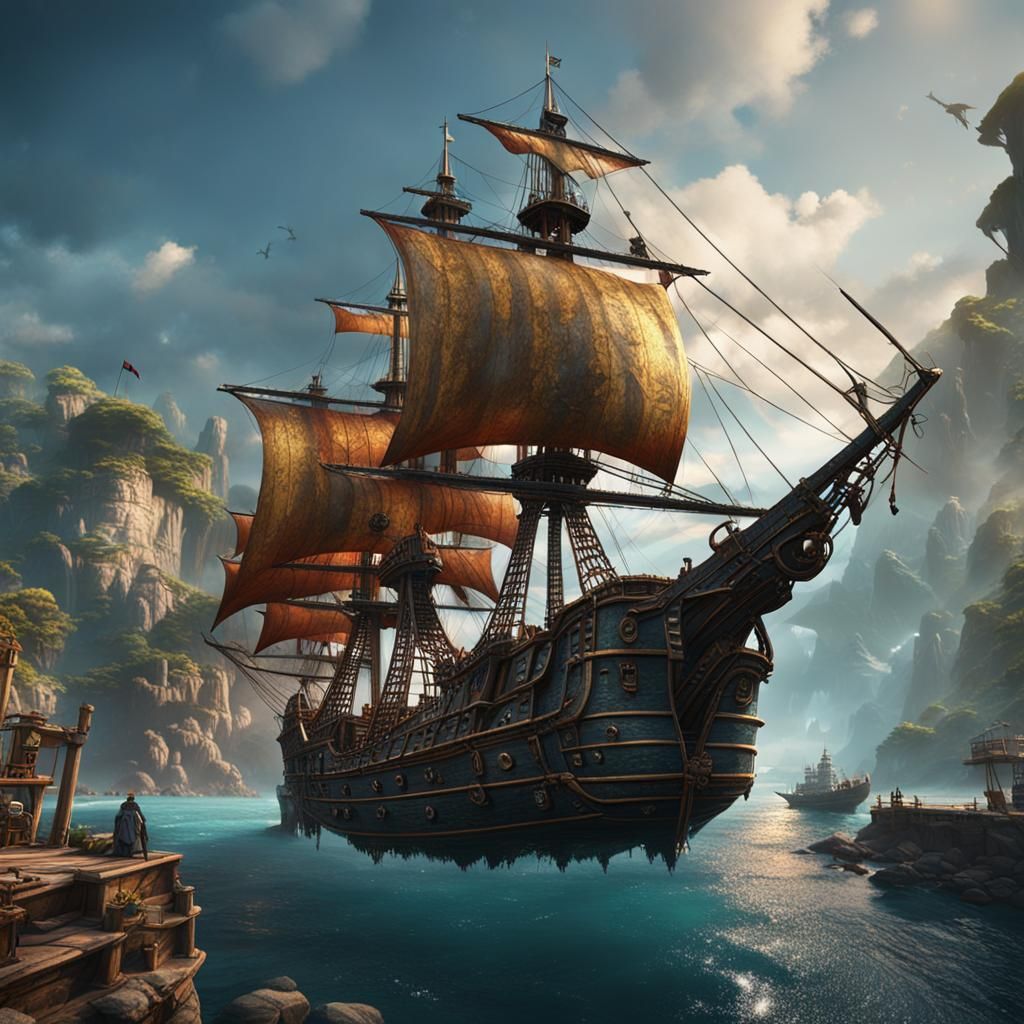Pirate Ship Arrival: Detailed Fantasy Concept Art