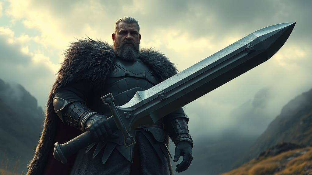 King with Sword in Anime Fantasy Landscape