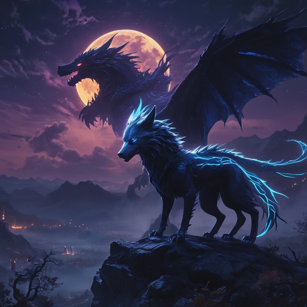 Cyberpunk Dragon and Wolf in Neon Landscape
