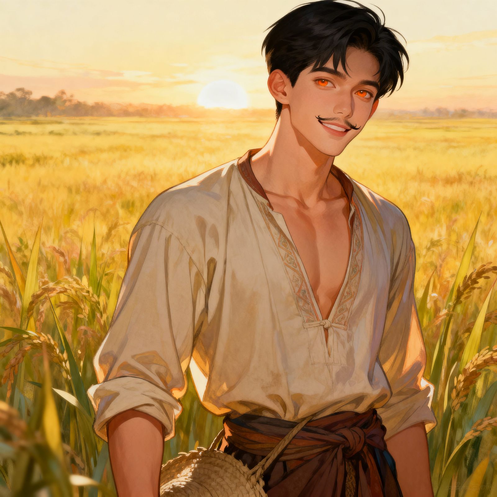 Handsome Thai Man in Farmer's Outfit Smiles Gently