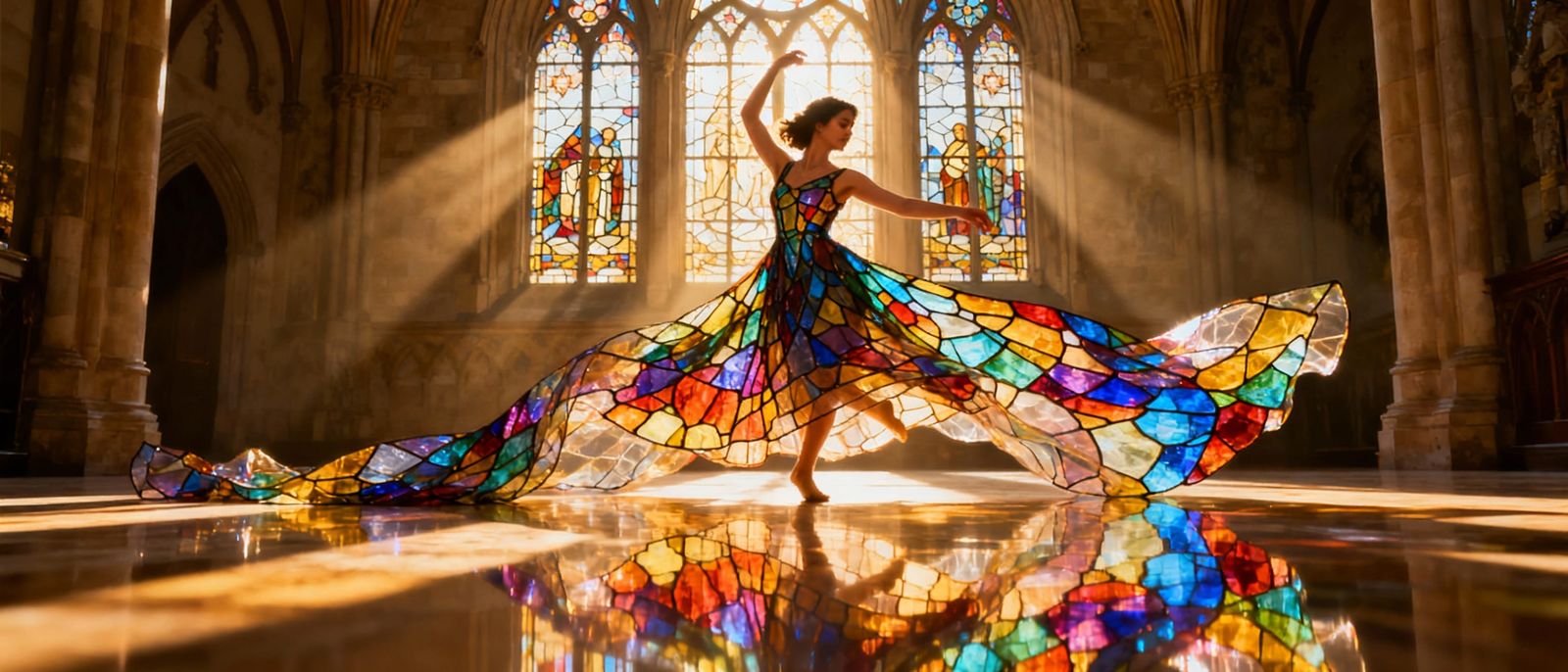 Woman in Colorful Stained Glass Dress Dancing in Church