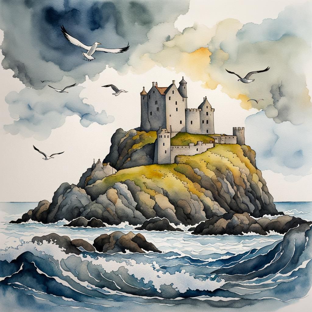 Scottish Island with Ruins in Watercolor Style