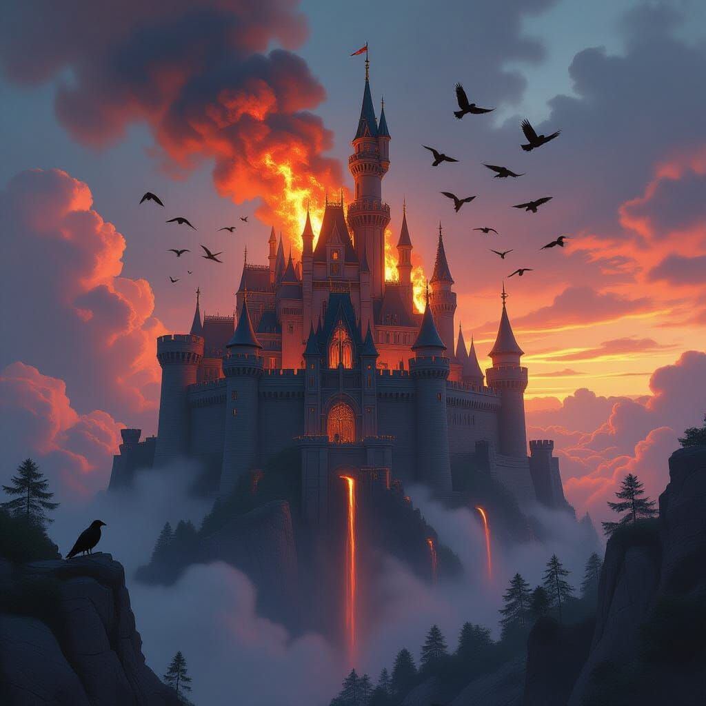 Flaming Castle Suspended in Sky with Ravens