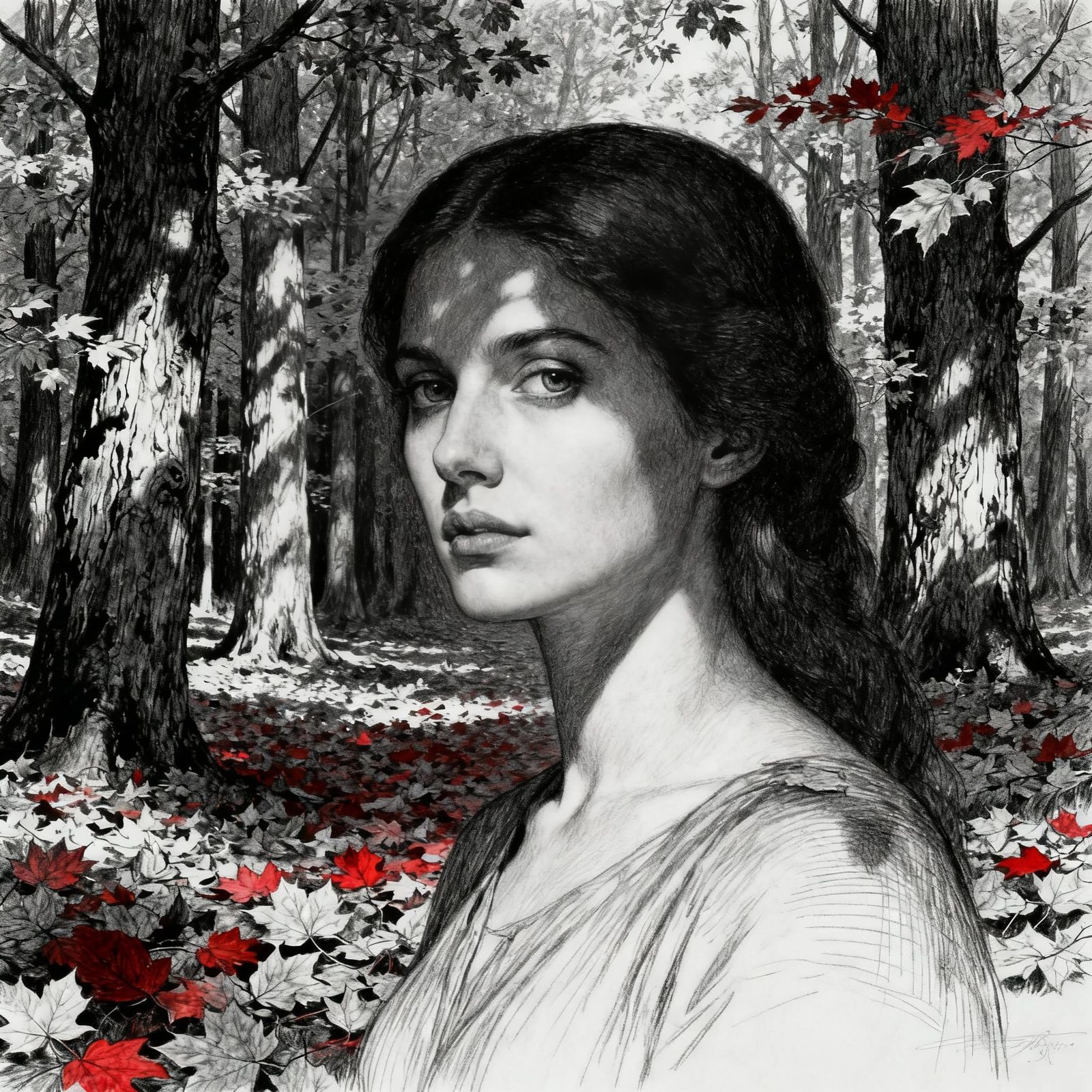 Postsurreal B&W Portrait of Woman in Autumn Forest