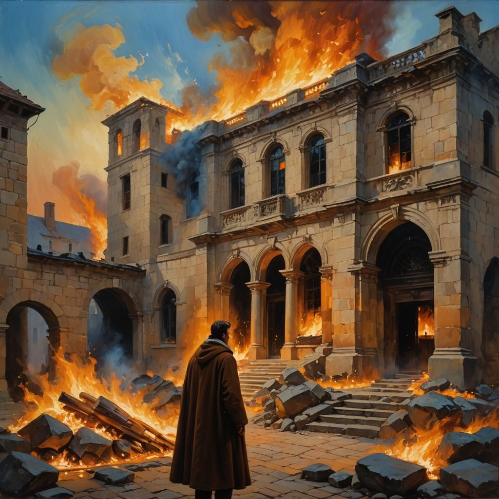 Man Before Burning Building in Romanticism Oil Painting