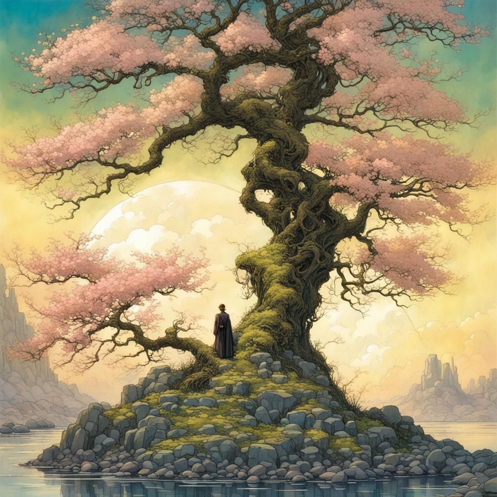 Iridescent Cherry Blossom Tree in Watercolor Art