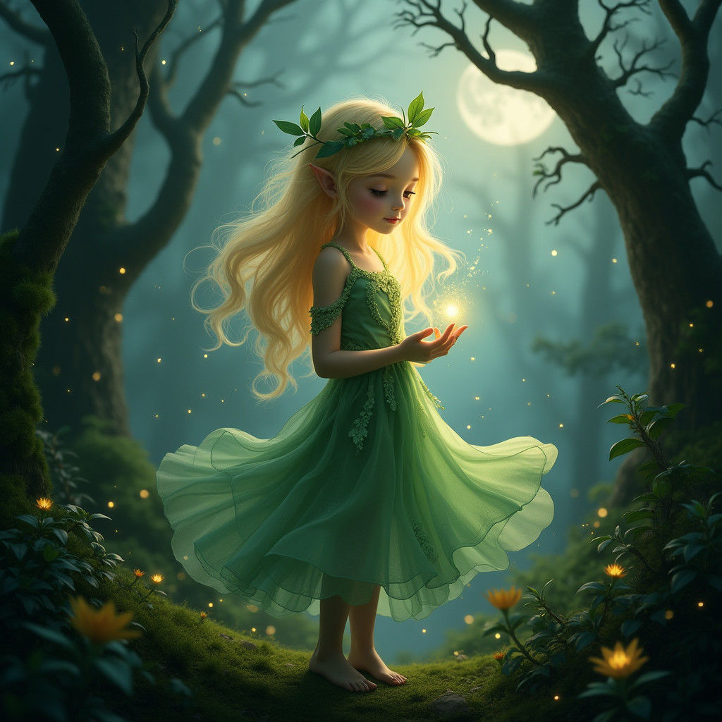 Luminous Woodland Sprite in Moonlit Forest