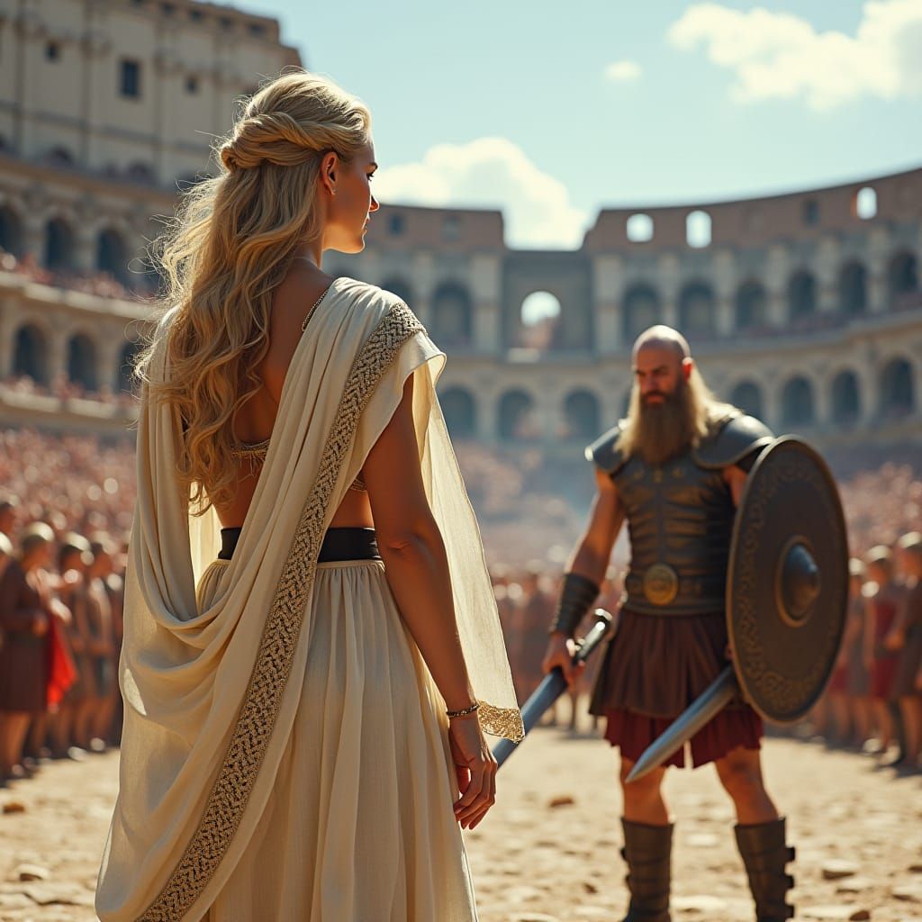 Viking Warrior Confrontation in Roman Colosseum